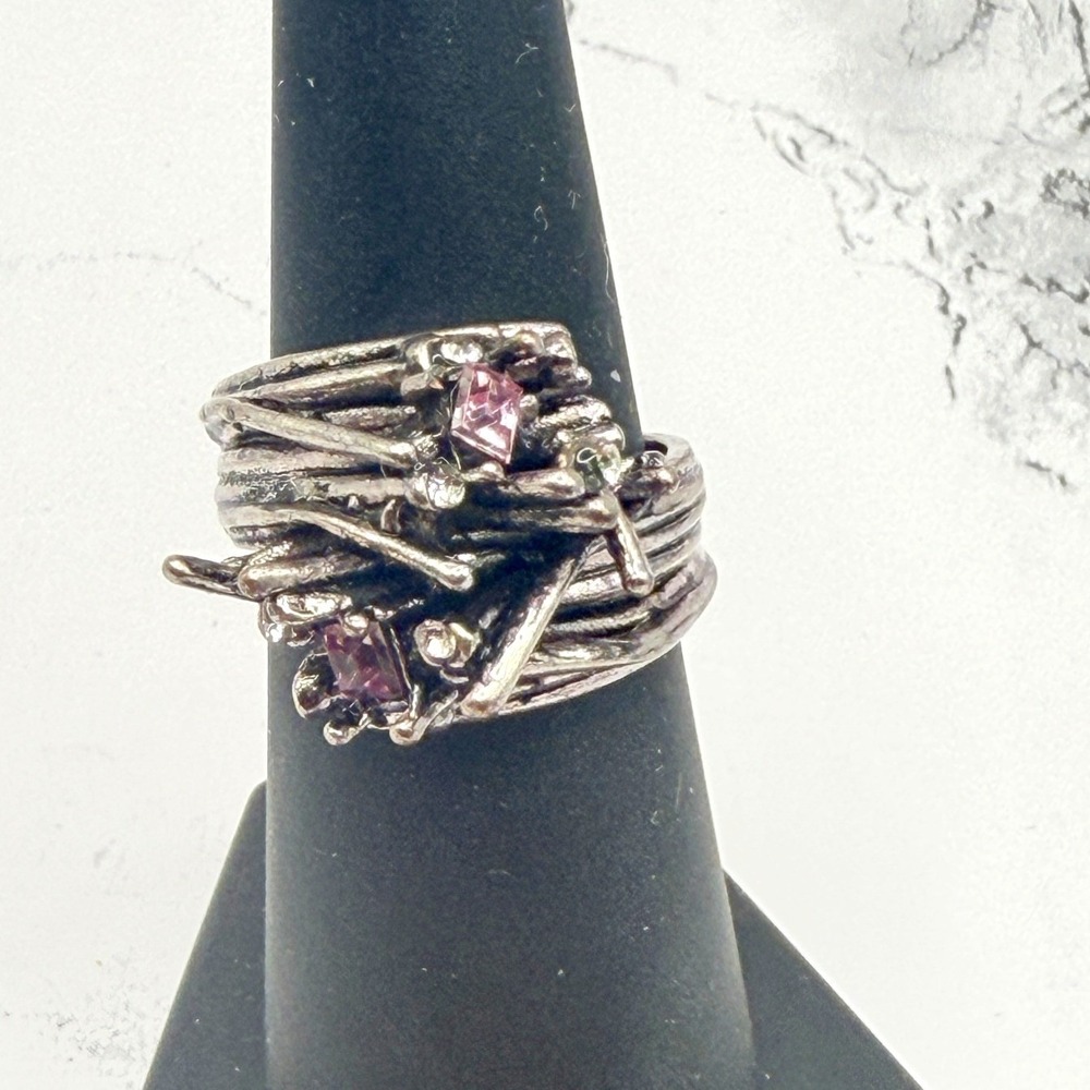 Silver Tone Branch Style Ring Pink Stones Gothic Woodland Size 6.5 Stacking look